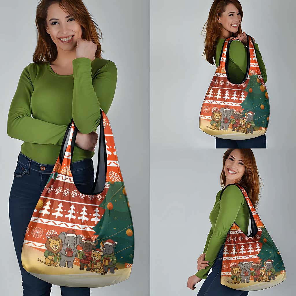 Zambia Christmas Grocery Bag with African Animals Tree Snowflakes and National Emblem Design - Wonder Print Shop