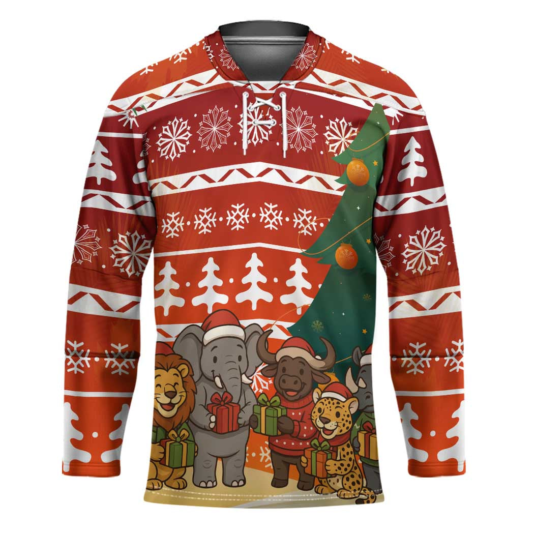 Zambia Christmas Hockey Jersey with African Animals Tree Snowflakes and National Emblem Design - Wonder Print Shop
