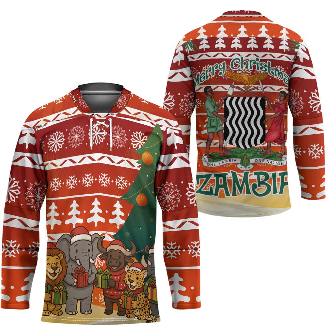 Zambia Christmas Hockey Jersey with African Animals Tree Snowflakes and National Emblem Design - Wonder Print Shop