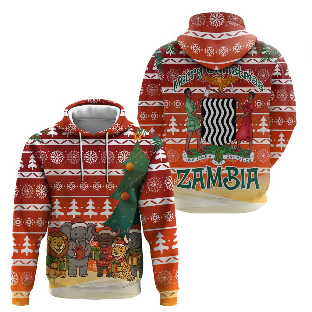 Zambia Christmas Hoodie with African Animals Tree Snowflakes and National Emblem Design - Wonder Print Shop