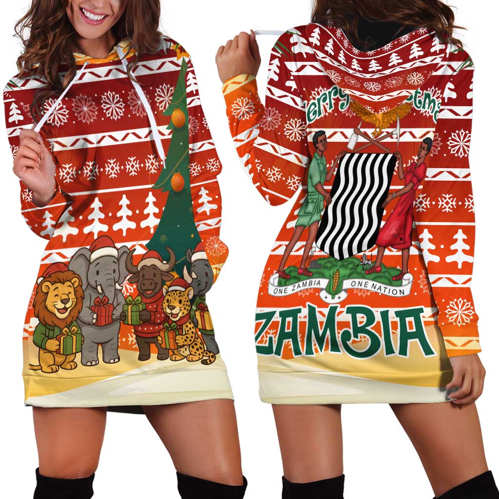 Zambia Christmas Hoodie Dress with African Animals Tree Snowflakes and National Emblem Design - Wonder Print Shop