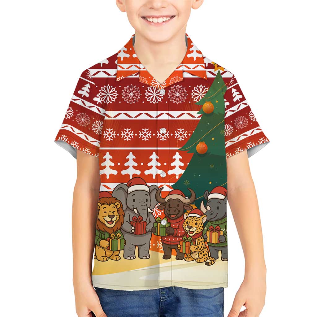 Zambia Christmas Kid Hawaiian Shirt with African Animals Tree Snowflakes and National Emblem Design - Wonder Print Shop