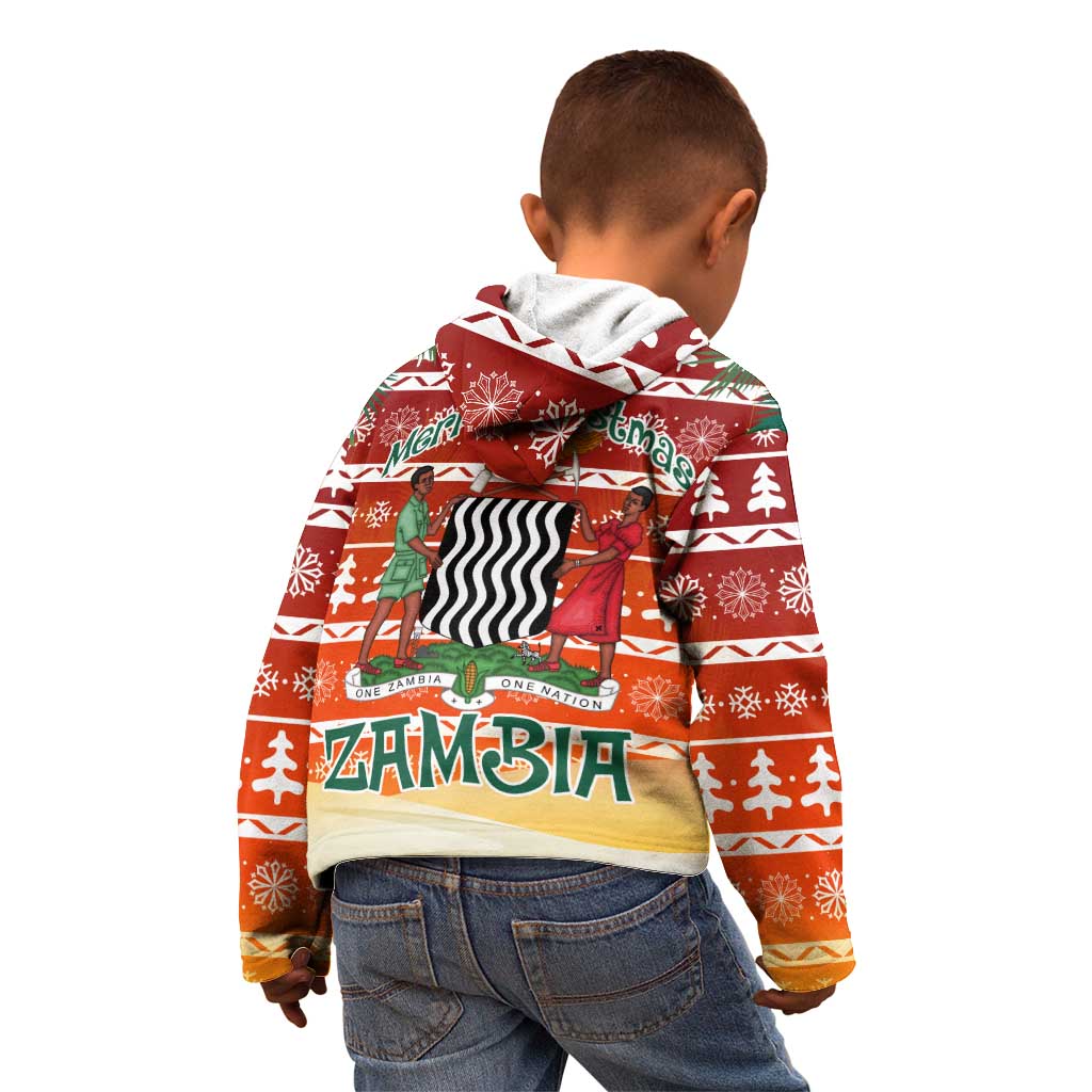 Zambia Christmas Kid Hoodie with African Animals Tree Snowflakes and National Emblem Design - Wonder Print Shop