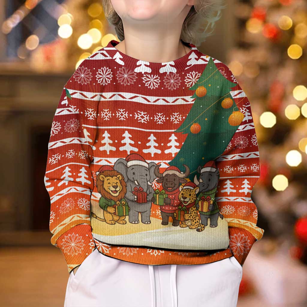 Zambia Christmas Kid Ugly Christmas Sweater with African Animals Tree Snowflakes and National Emblem Design - Wonder Print Shop