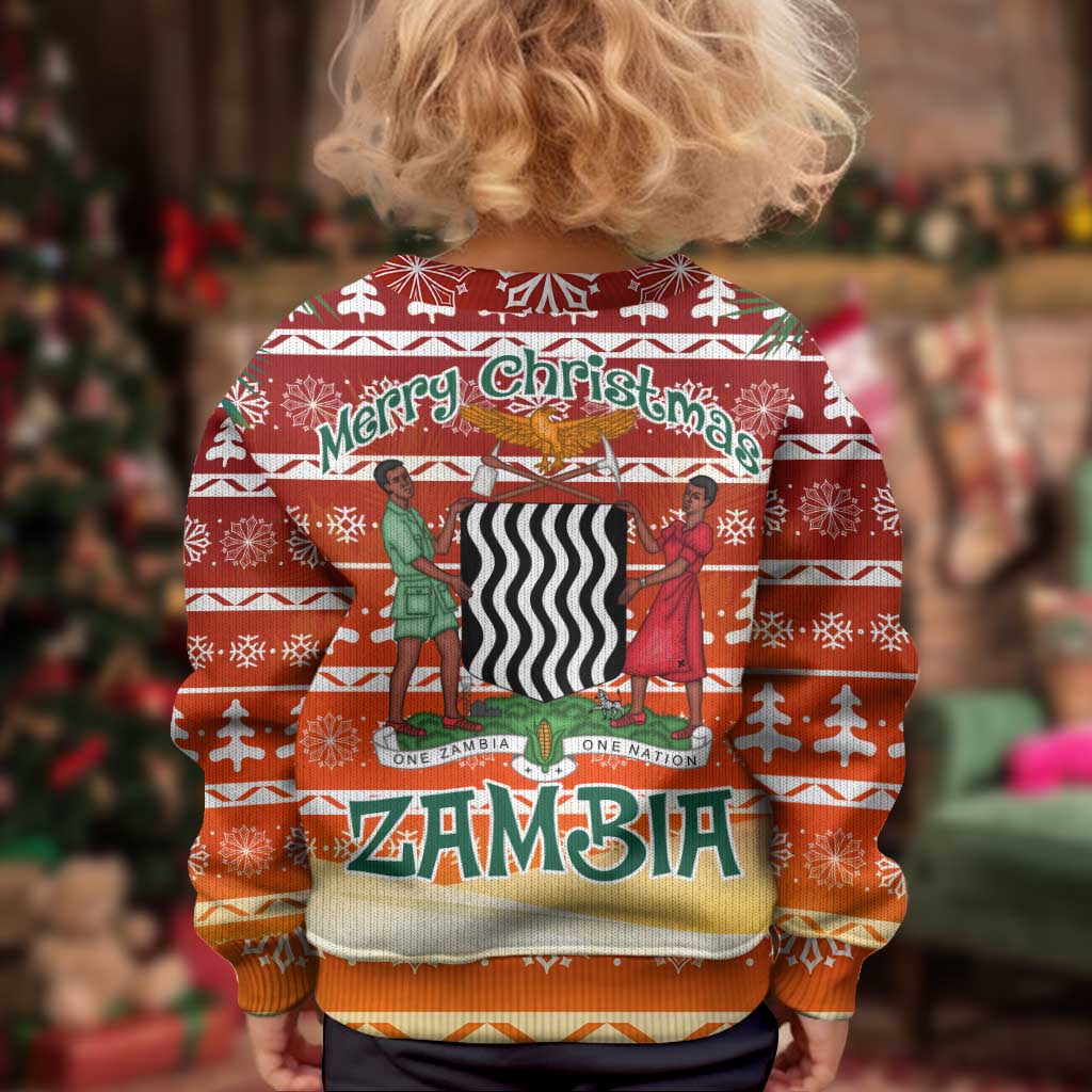 Zambia Christmas Kid Ugly Christmas Sweater with African Animals Tree Snowflakes and National Emblem Design - Wonder Print Shop