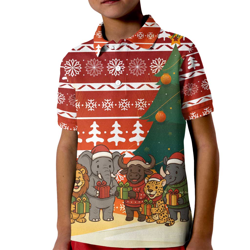 Zambia Christmas Kid Polo Shirt with African Animals Tree Snowflakes and National Emblem Design - Wonder Print Shop