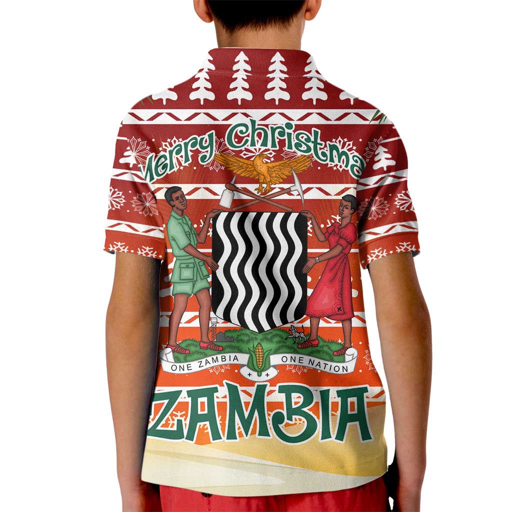 Zambia Christmas Kid Polo Shirt with African Animals Tree Snowflakes and National Emblem Design - Wonder Print Shop