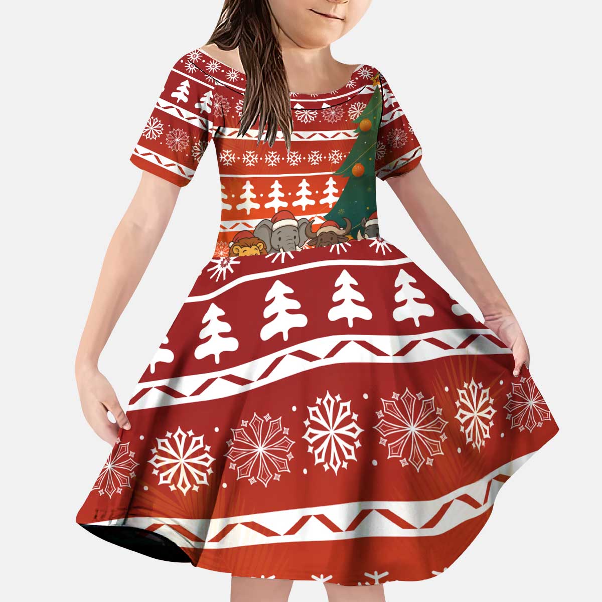 Zambia Christmas Kid Short Sleeve Dress with African Animals Tree Snowflakes and National Emblem Design - Wonder Print Shop