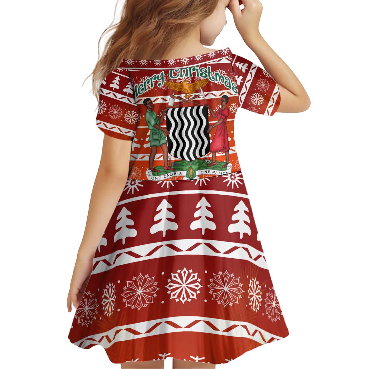 Zambia Christmas Kid Short Sleeve Dress with African Animals Tree Snowflakes and National Emblem Design - Wonder Print Shop
