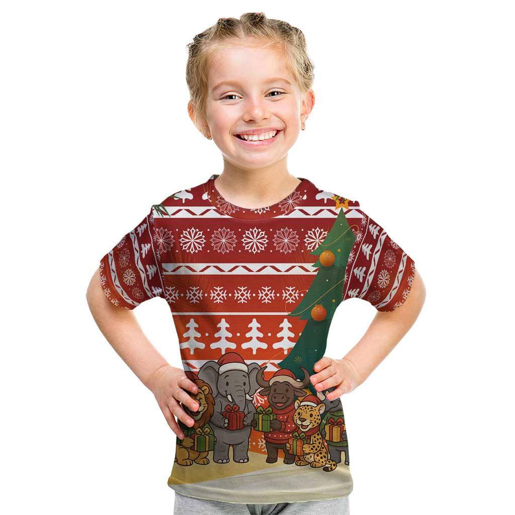 Zambia Christmas Kid T Shirt with African Animals Tree Snowflakes and National Emblem Design - Wonder Print Shop