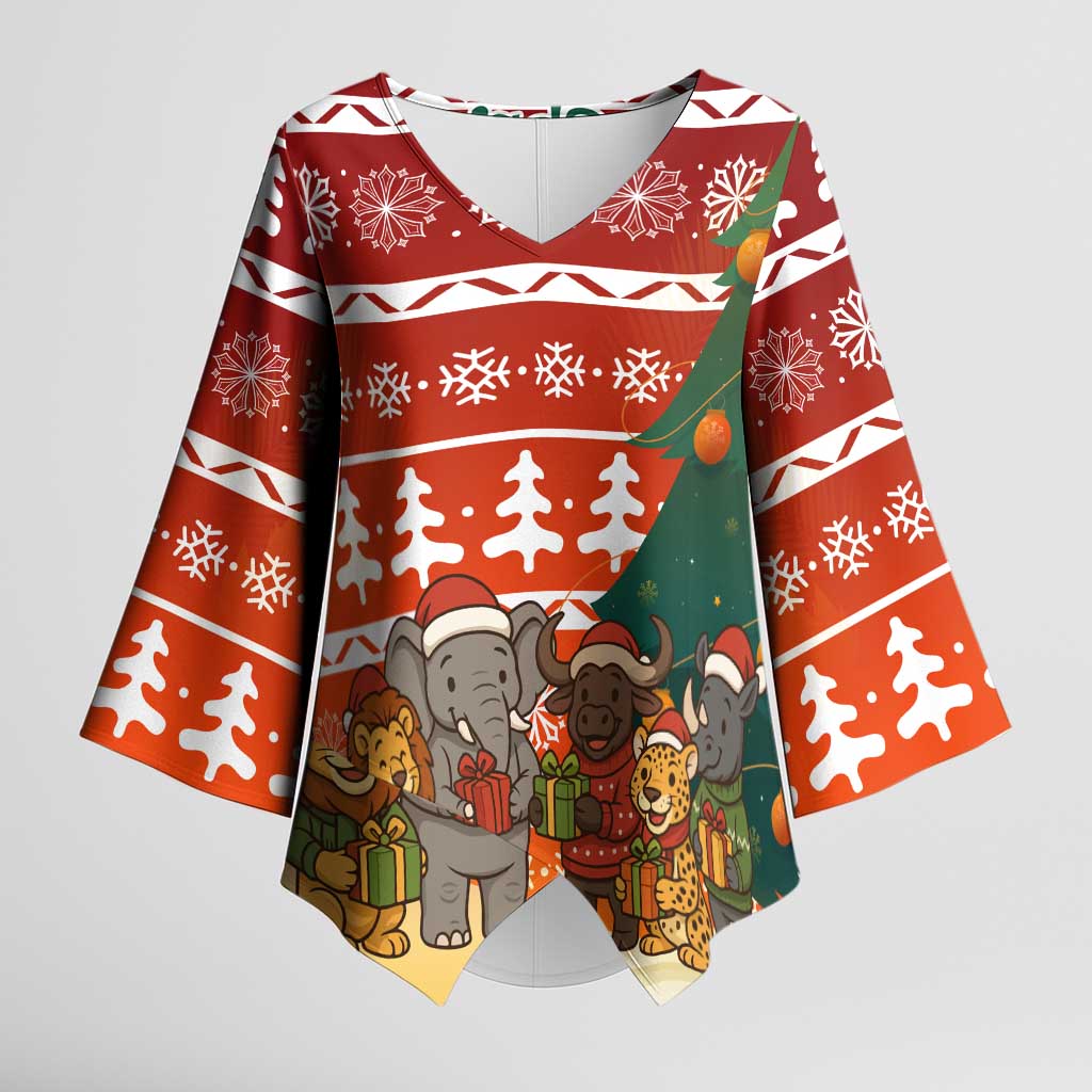 Zambia Christmas Kimono Sleeve Blouse with African Animals Tree Snowflakes and National Emblem Design - Wonder Print Shop