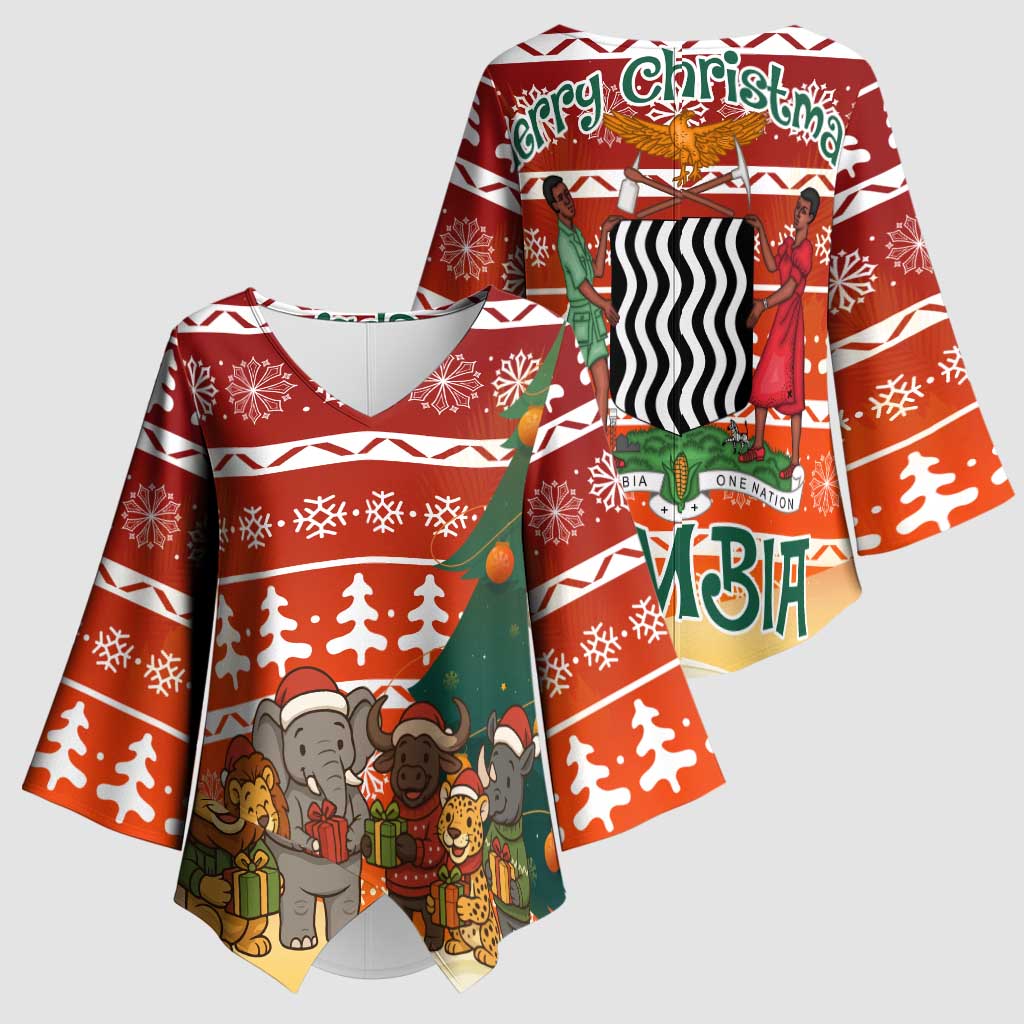 Zambia Christmas Kimono Sleeve Blouse with African Animals Tree Snowflakes and National Emblem Design - Wonder Print Shop
