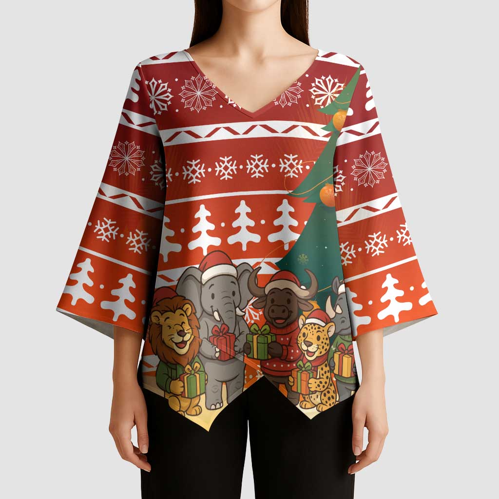 Zambia Christmas Kimono Sleeve Blouse with African Animals Tree Snowflakes and National Emblem Design - Wonder Print Shop