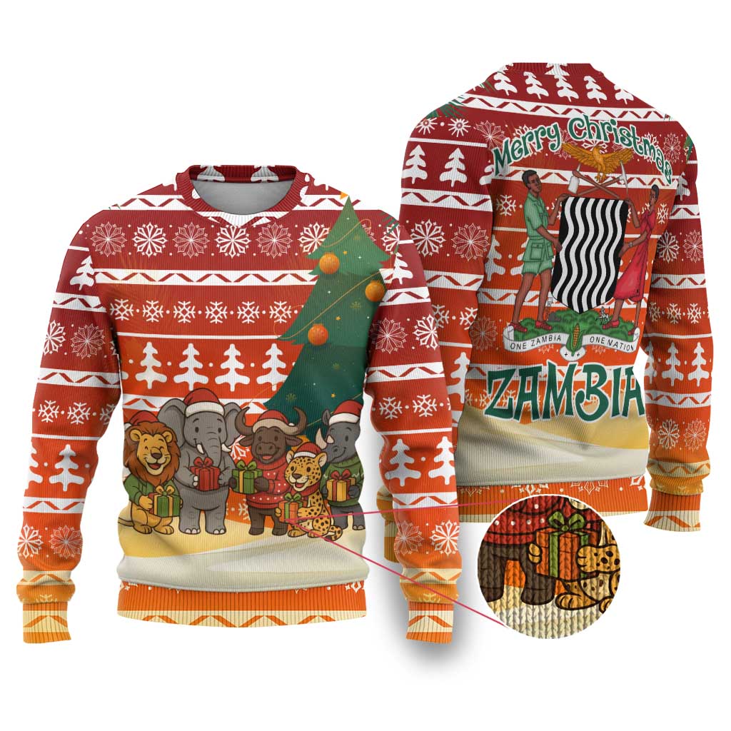Zambia Christmas Ugly Christmas Sweater with African Animals Tree Snowflakes and National Emblem Design - Wonder Print Shop