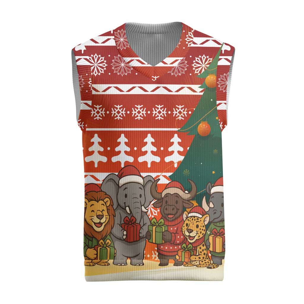 Zambia Christmas Knitted V-Neck Vest with African Animals Tree Snowflakes and National Emblem Design - Wonder Print Shop
