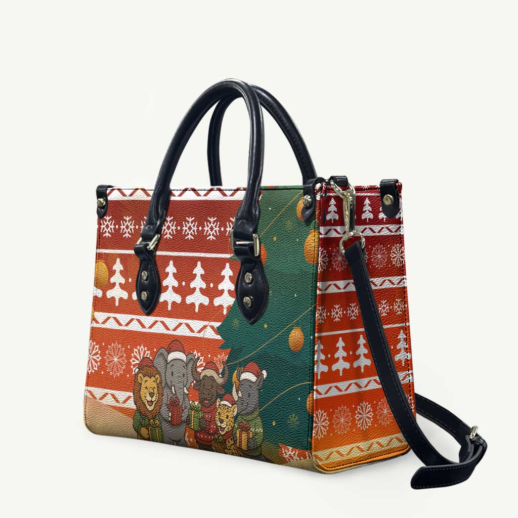 Zambia Christmas Leather Bag with African Animals Tree Snowflakes and National Emblem Design - Wonder Print Shop
