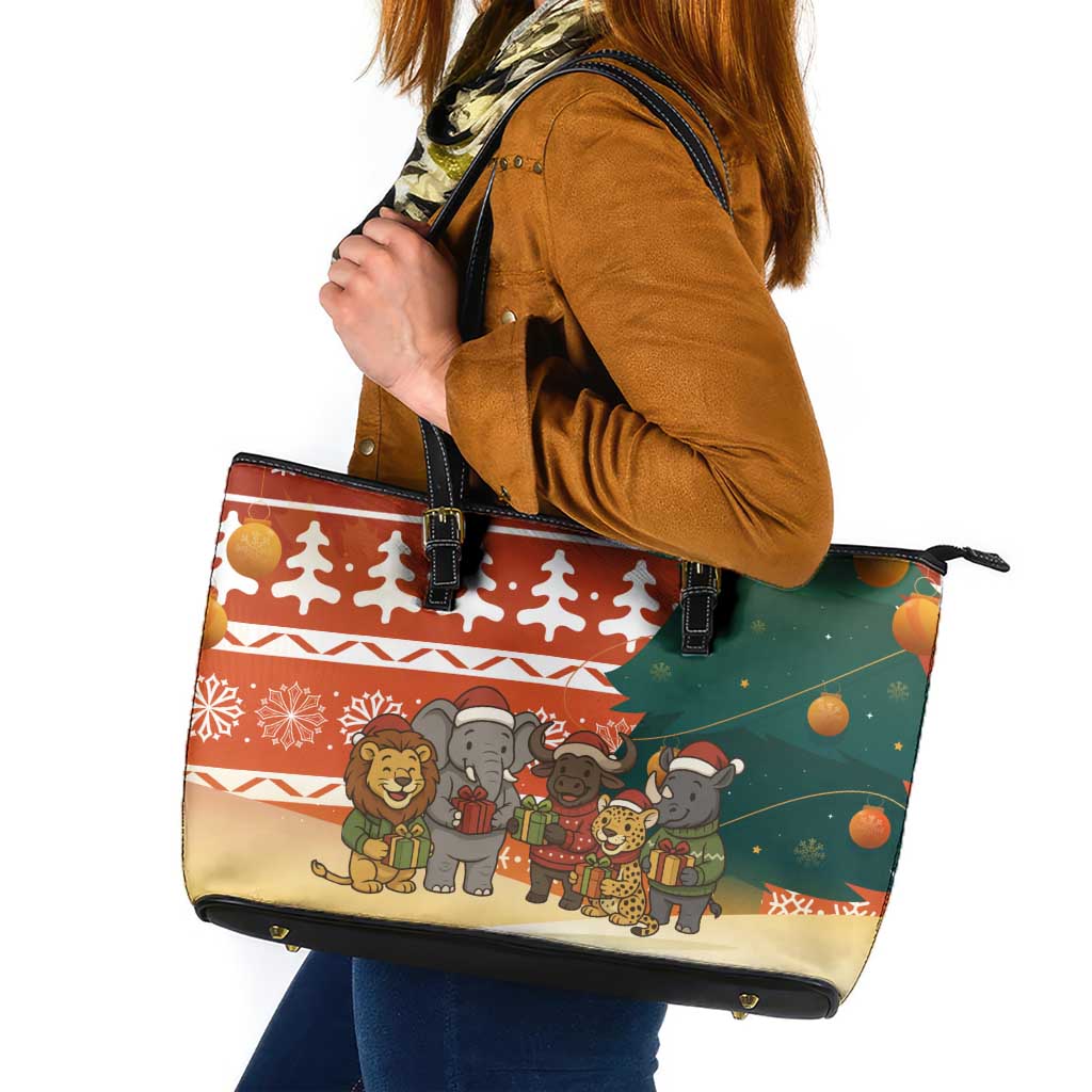 Zambia Christmas Leather Tote Bag with African Animals Tree Snowflakes and National Emblem Design - Wonder Print Shop