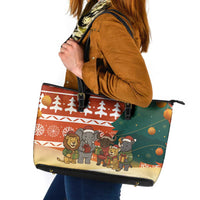 Zambia Christmas Leather Tote Bag with African Animals Tree Snowflakes and National Emblem Design - Wonder Print Shop