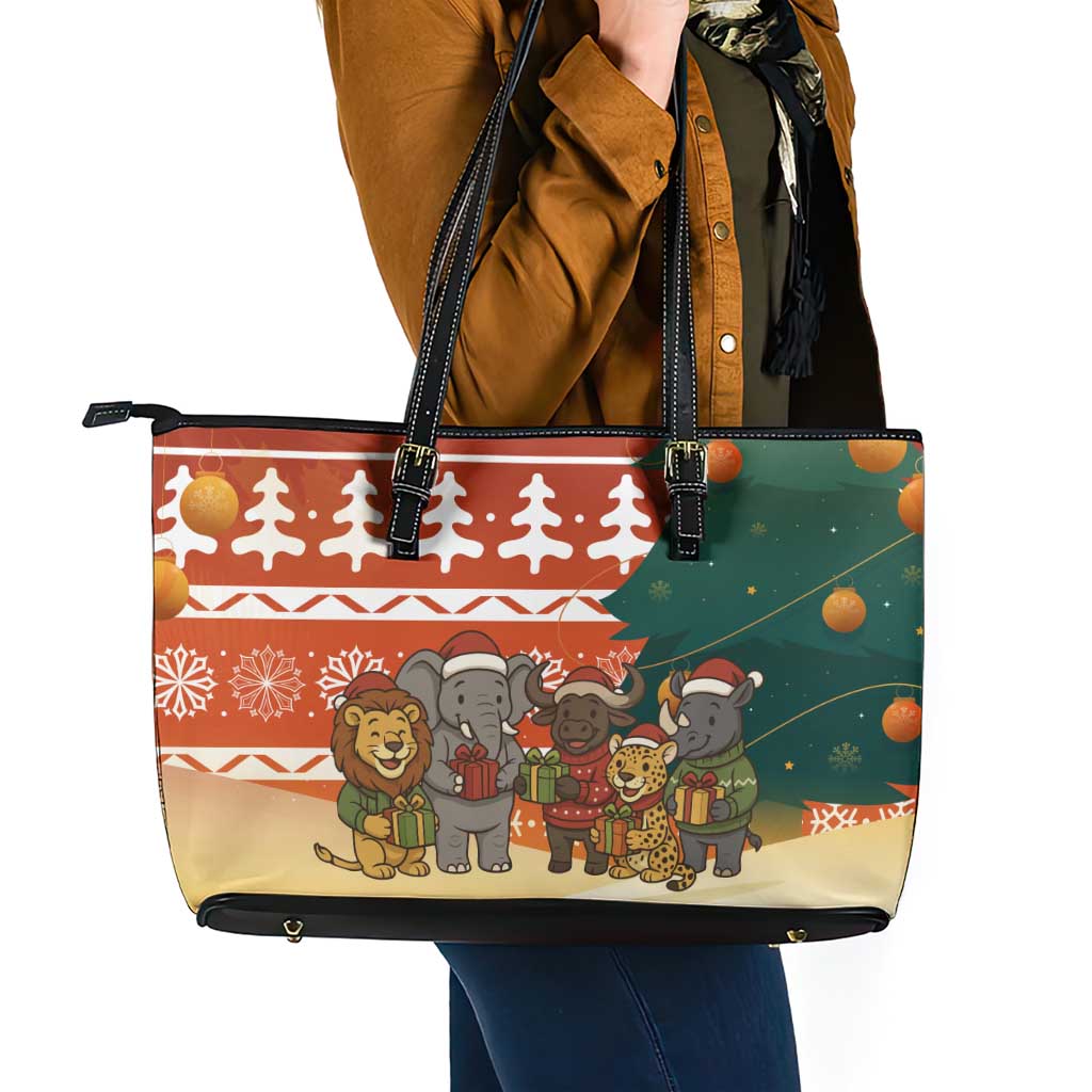 Zambia Christmas Leather Tote Bag with African Animals Tree Snowflakes and National Emblem Design - Wonder Print Shop