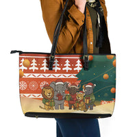 Zambia Christmas Leather Tote Bag with African Animals Tree Snowflakes and National Emblem Design - Wonder Print Shop