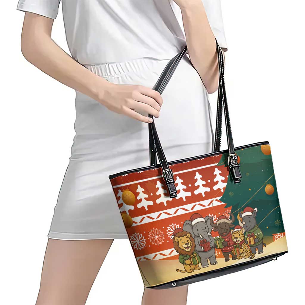 Zambia Christmas Leather Tote Bag with African Animals Tree Snowflakes and National Emblem Design - Wonder Print Shop
