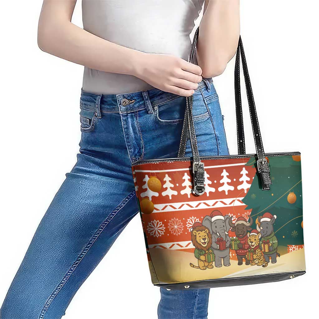Zambia Christmas Leather Tote Bag with African Animals Tree Snowflakes and National Emblem Design - Wonder Print Shop