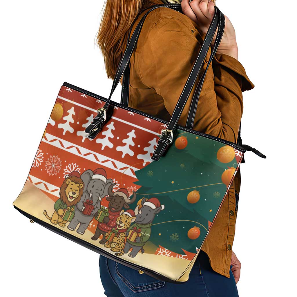 Zambia Christmas Leather Tote Bag with African Animals Tree Snowflakes and National Emblem Design - Wonder Print Shop