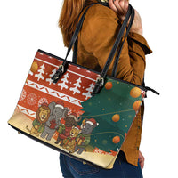 Zambia Christmas Leather Tote Bag with African Animals Tree Snowflakes and National Emblem Design - Wonder Print Shop