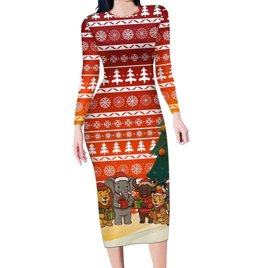 Zambia Christmas Long Sleeve Bodycon Dress with African Animals Tree Snowflakes and National Emblem Design - Wonder Print Shop