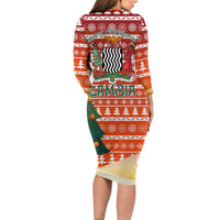 Zambia Christmas Long Sleeve Bodycon Dress with African Animals Tree Snowflakes and National Emblem Design - Wonder Print Shop
