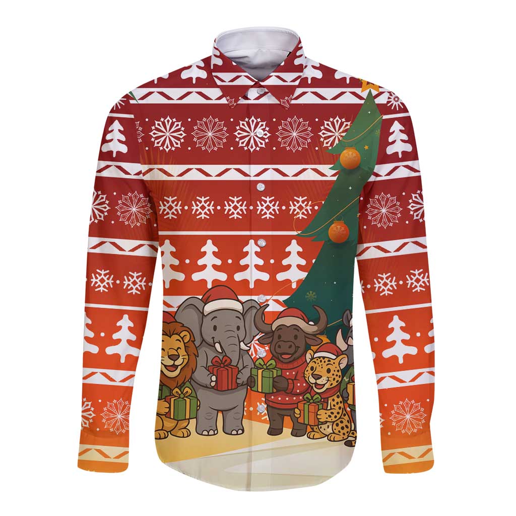Zambia Christmas Long Sleeve Button Shirt with African Animals Tree Snowflakes and National Emblem Design - Wonder Print Shop