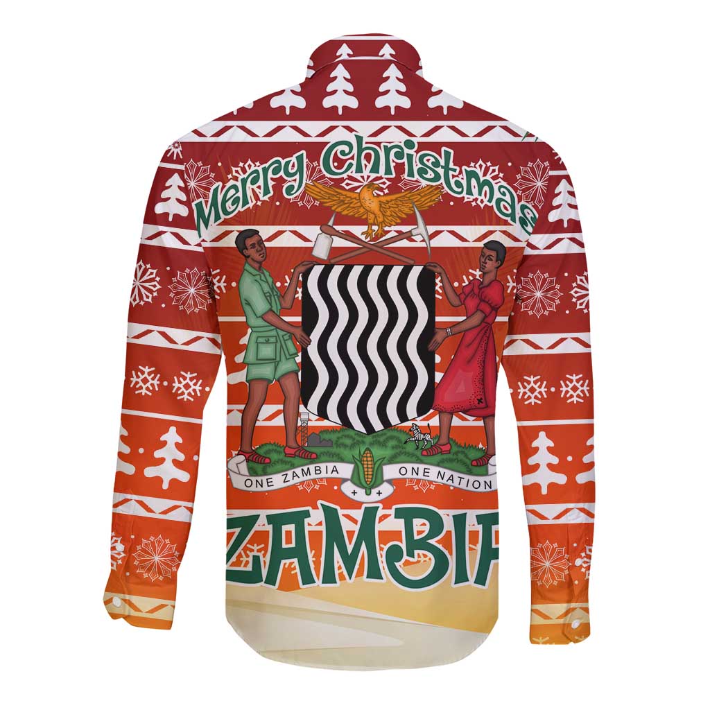 Zambia Christmas Long Sleeve Button Shirt with African Animals Tree Snowflakes and National Emblem Design - Wonder Print Shop