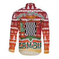 Zambia Christmas Long Sleeve Button Shirt with African Animals Tree Snowflakes and National Emblem Design - Wonder Print Shop