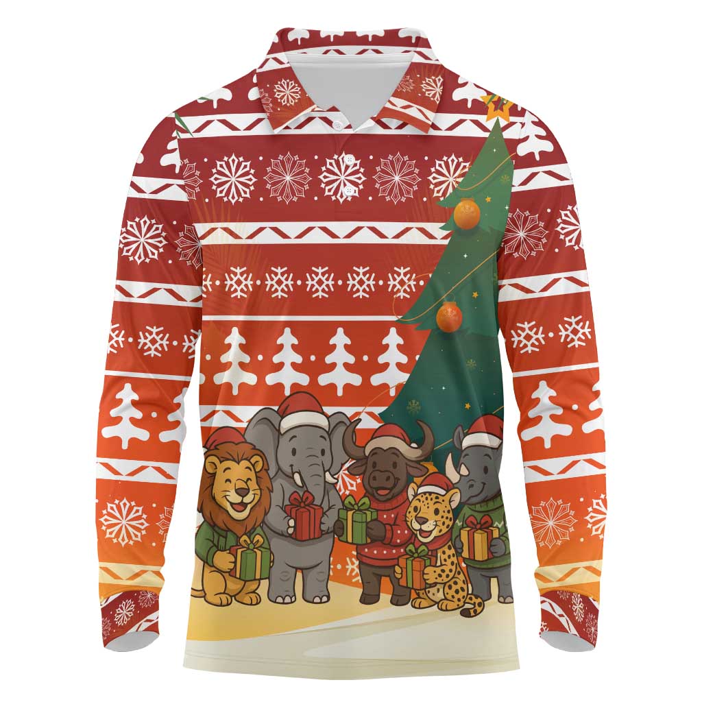 Zambia Christmas Long Sleeve Polo Shirt with African Animals Tree Snowflakes and National Emblem Design - Wonder Print Shop