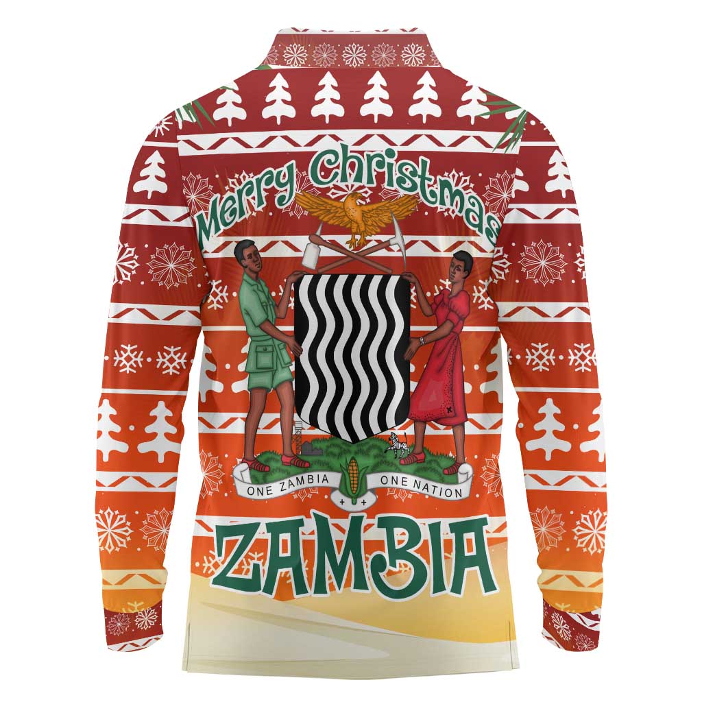 Zambia Christmas Long Sleeve Polo Shirt with African Animals Tree Snowflakes and National Emblem Design - Wonder Print Shop