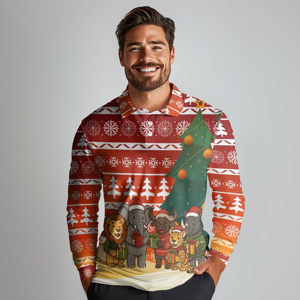 Zambia Christmas Long Sleeve Polo Shirt with African Animals Tree Snowflakes and National Emblem Design - Wonder Print Shop