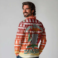 Zambia Christmas Long Sleeve Polo Shirt with African Animals Tree Snowflakes and National Emblem Design - Wonder Print Shop