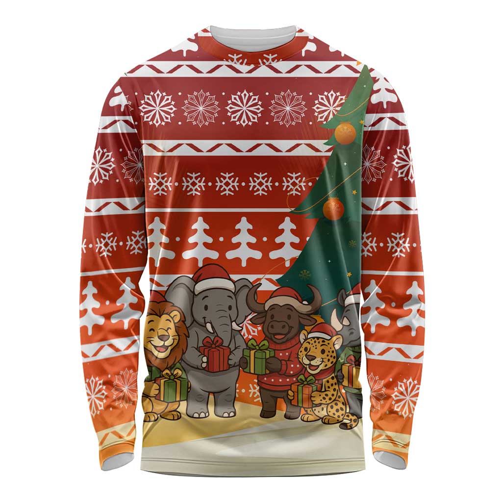 Zambia Christmas Long Sleeve Shirt with African Animals Tree Snowflakes and National Emblem Design - Wonder Print Shop