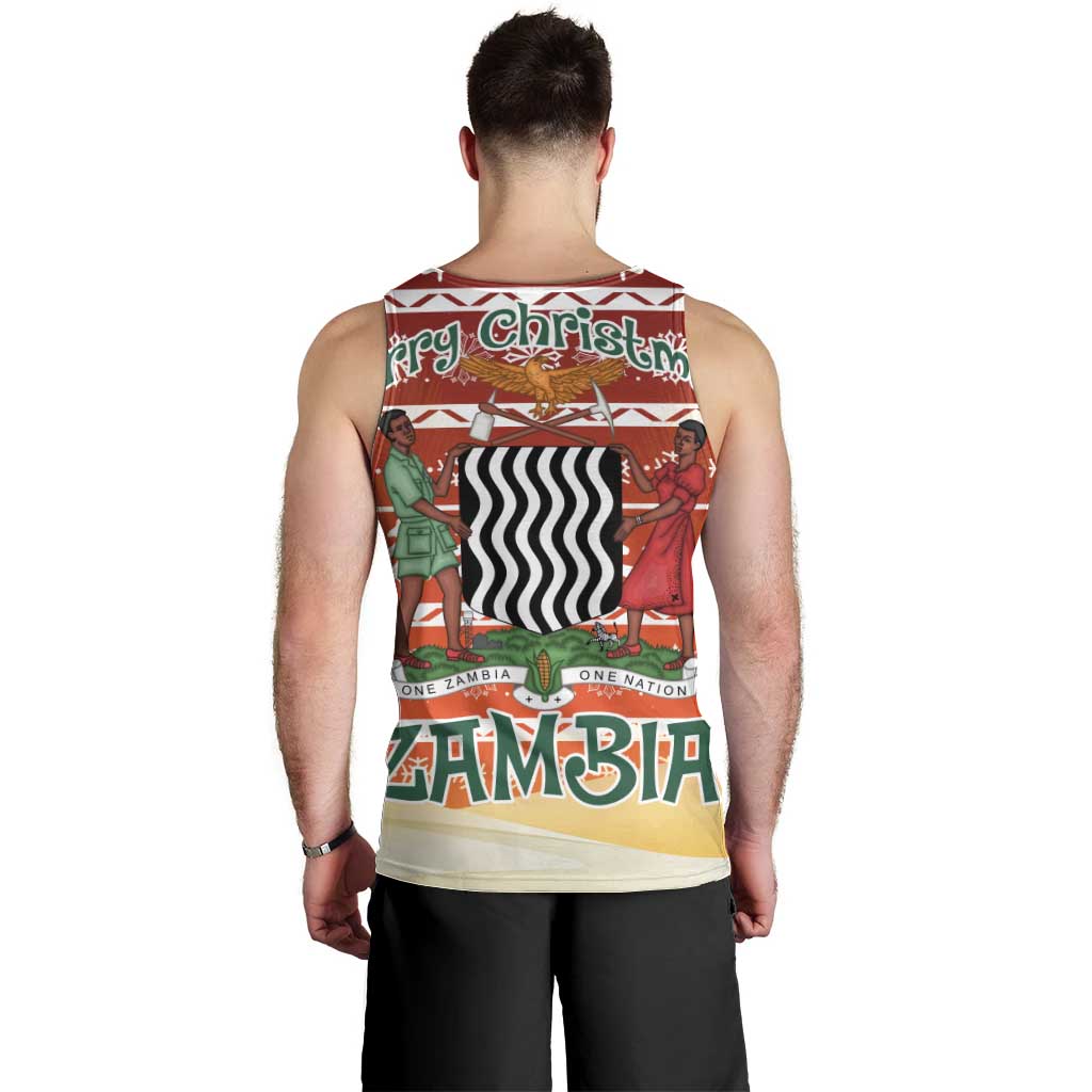 Zambia Christmas Men Tank Top with African Animals Tree Snowflakes and National Emblem Design - Wonder Print Shop