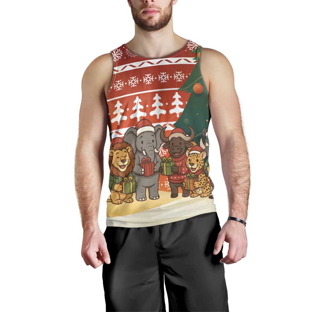 Zambia Christmas Men Tank Top with African Animals Tree Snowflakes and National Emblem Design - Wonder Print Shop