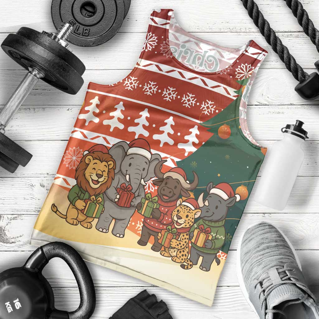 Zambia Christmas Men Tank Top with African Animals Tree Snowflakes and National Emblem Design - Wonder Print Shop