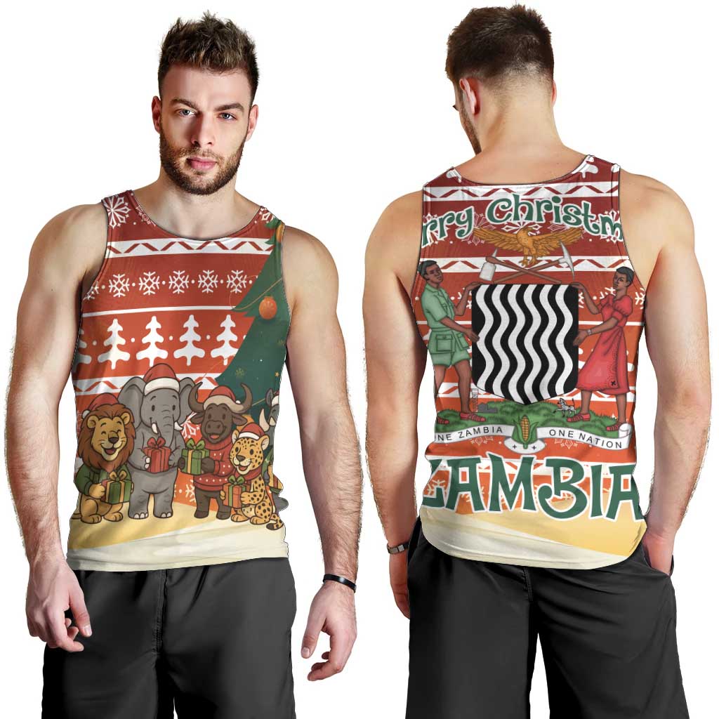 Zambia Christmas Men Tank Top with African Animals Tree Snowflakes and National Emblem Design - Wonder Print Shop