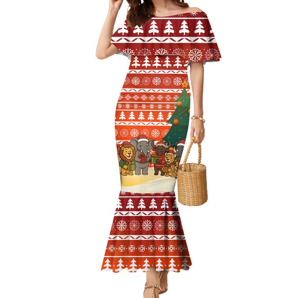 Zambia Christmas Mermaid Dress with African Animals Tree Snowflakes and National Emblem Design - Wonder Print Shop