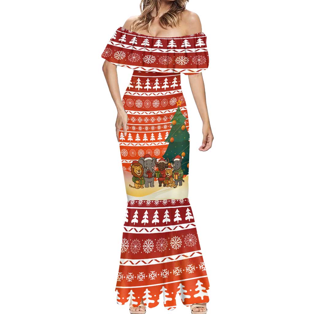 Zambia Christmas Mermaid Dress with African Animals Tree Snowflakes and National Emblem Design - Wonder Print Shop