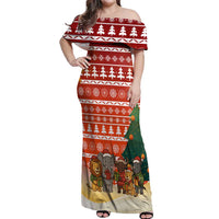 Zambia Christmas Off Shoulder Maxi Dress with African Animals Tree Snowflakes and National Emblem Design - Wonder Print Shop