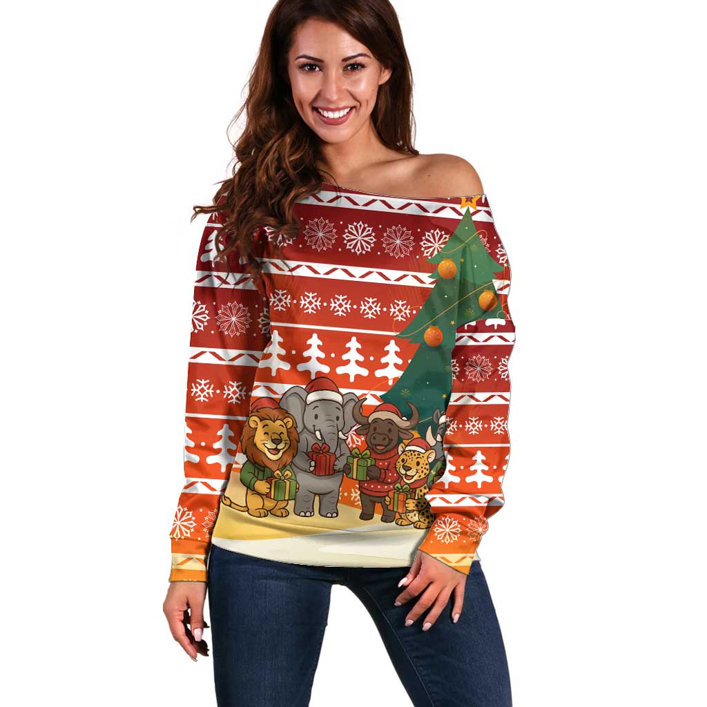 Zambia Christmas Off Shoulder Sweater with African Animals Tree Snowflakes and National Emblem Design - Wonder Print Shop