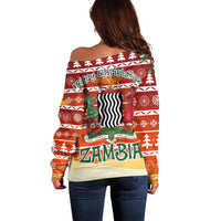 Zambia Christmas Off Shoulder Sweater with African Animals Tree Snowflakes and National Emblem Design - Wonder Print Shop