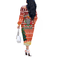 Zambia Christmas Off The Shoulder Long Sleeve Dress with African Animals Tree Snowflakes and National Emblem Design - Wonder Print Shop