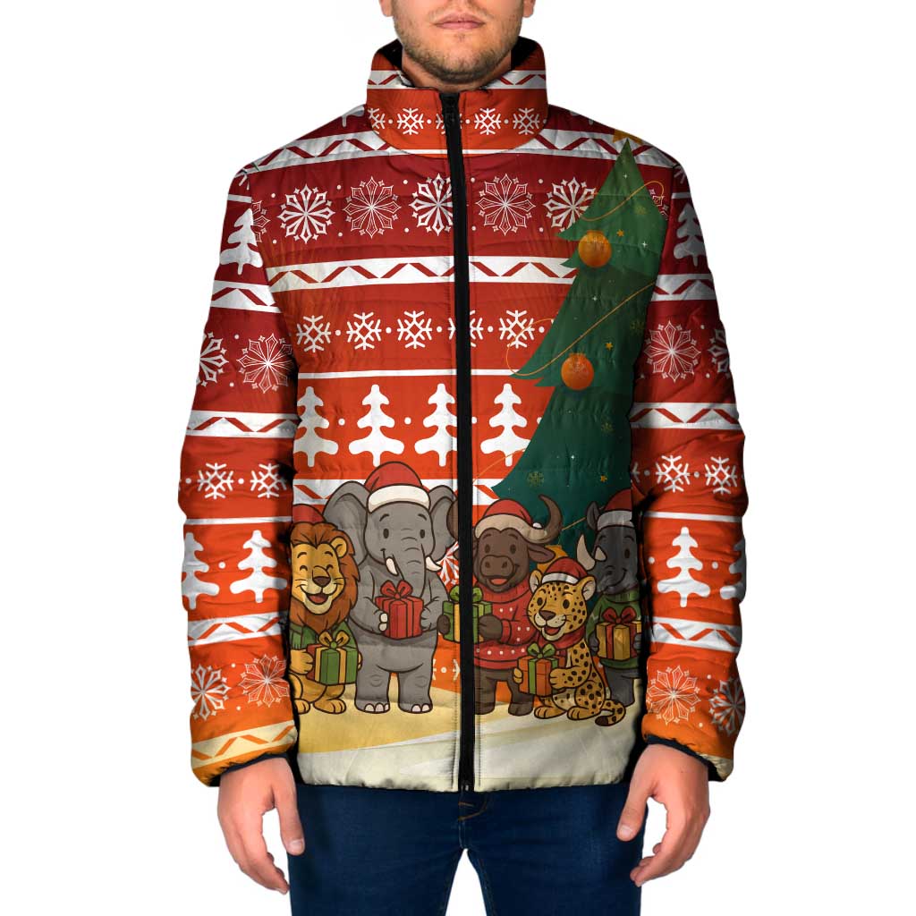 Zambia Christmas Padded Jacket with African Animals Tree Snowflakes and National Emblem Design - Wonder Print Shop