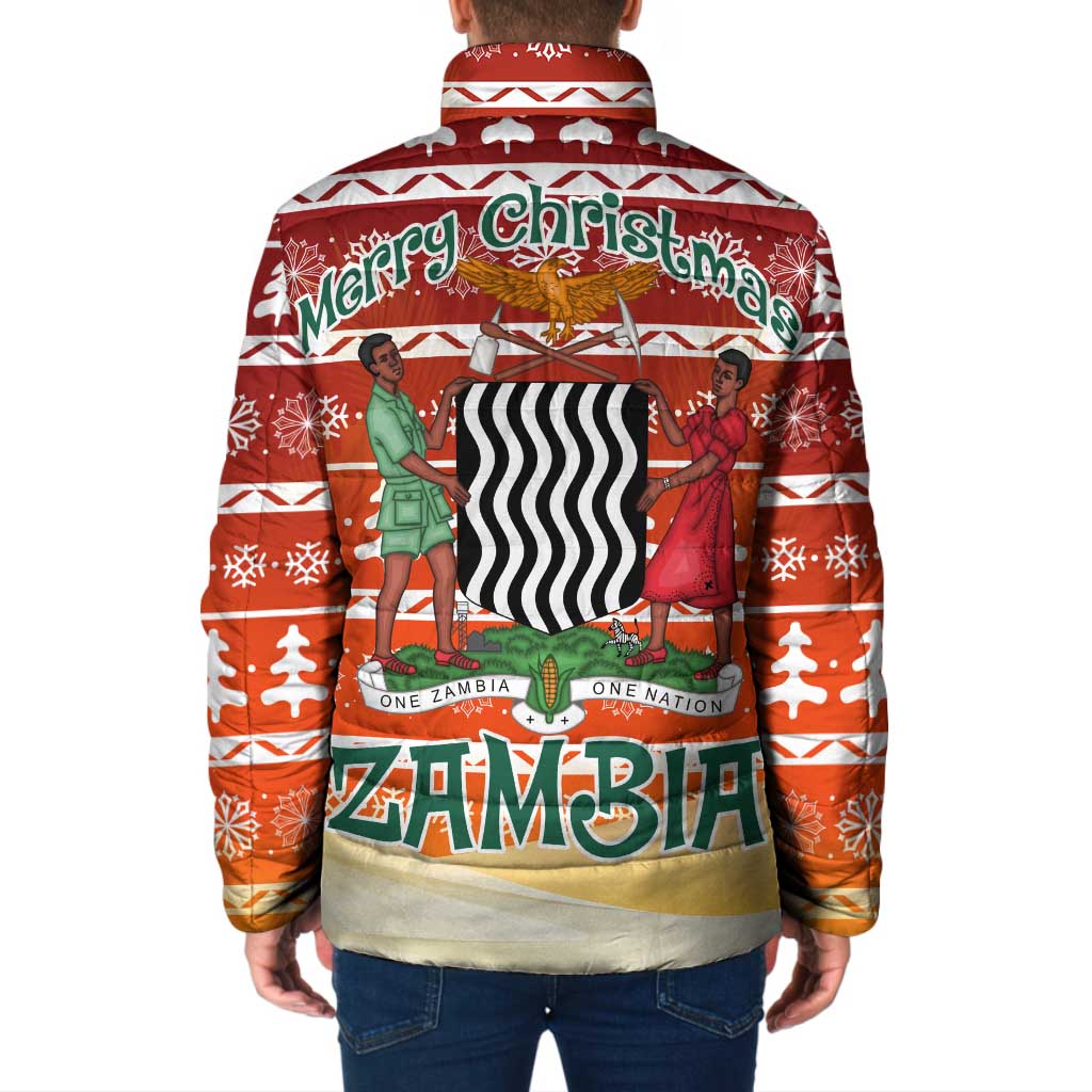 Zambia Christmas Padded Jacket with African Animals Tree Snowflakes and National Emblem Design - Wonder Print Shop